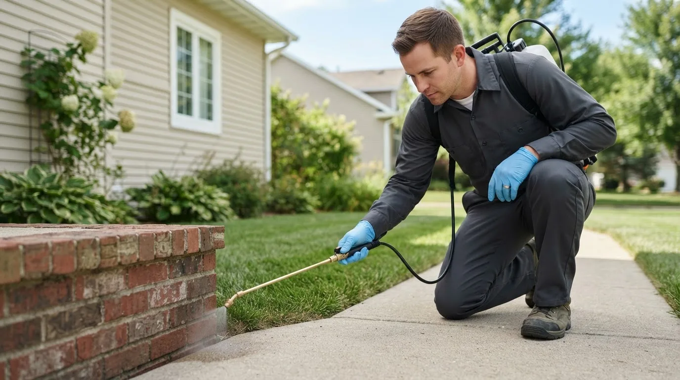 Pest control technician treating a home near Yorkville, OH