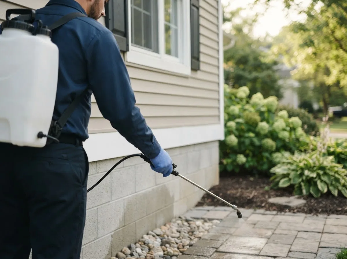 Pest control technician inspecting a home in Yorkville, OH